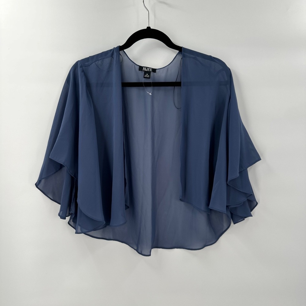 SLNY Blue‎ Sheer Flutter Sleeve Cardigan size 14 Chiffon Layering Euro Coastal
